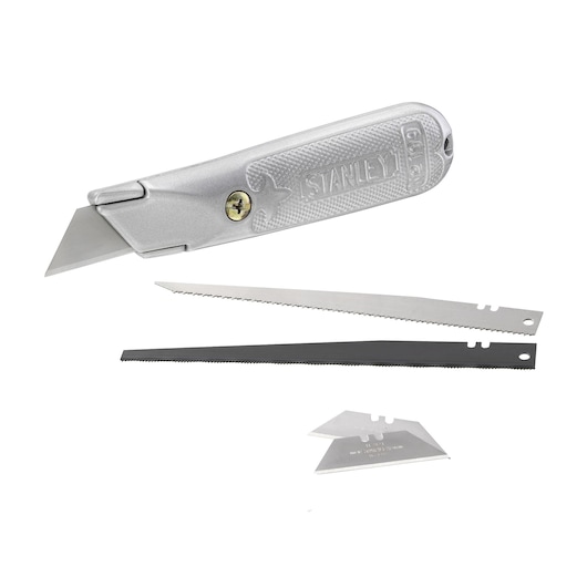 STANLEY 0-10-129 utility knife with textured grip, two spare saw blades, and two spare straight blades, side angle.