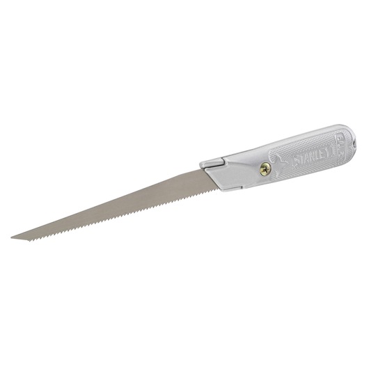 Photo of STANLEY 0-10-129 folding drywall saw with silver handle and pointed serrated blade, side angle.