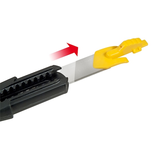 STANLEY 0-10-151 utility knife blade with yellow blade remover, side angle photo on white background.