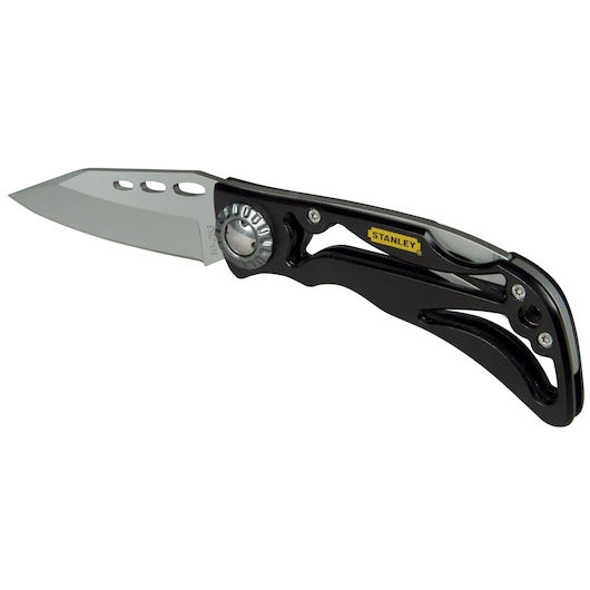STANLEY 0-10-253 folding knife with partially open black handle and silver blade, right-side angle.