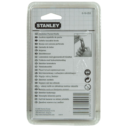 STANLEY 0-10-253 packaging for skeleton pocket knife, rear view with multilingual product details and barcode.
