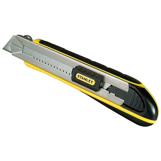 Photo of STANLEY 0-10-486 utility knife with retractable segmented blade, yellow and black handle, side angle.
