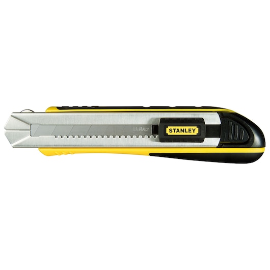 Photo of STANLEY 0-10-486 utility knife, yellow and black, side view, with retractable segmented blade.