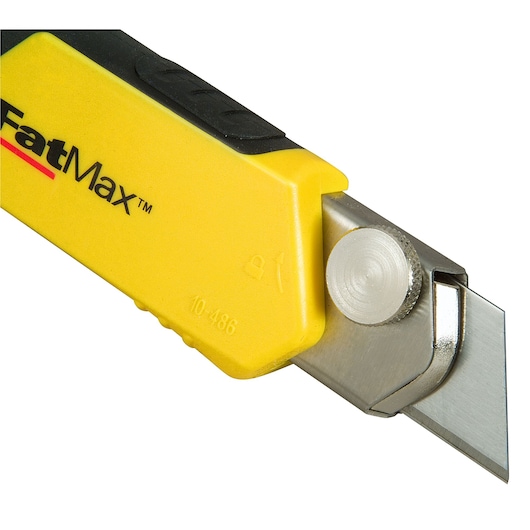 STANLEY 0-10-486 utility knife, yellow and black FatMax model, side angle on white background.