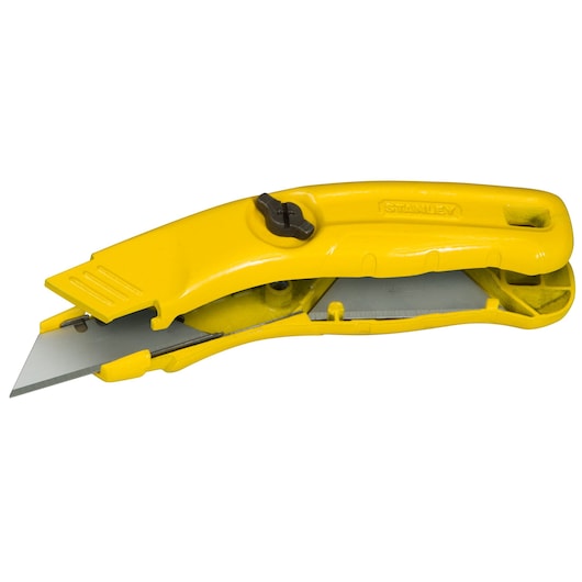 STANLEY 0-10-707 yellow safety utility knife, side angle on white background.
