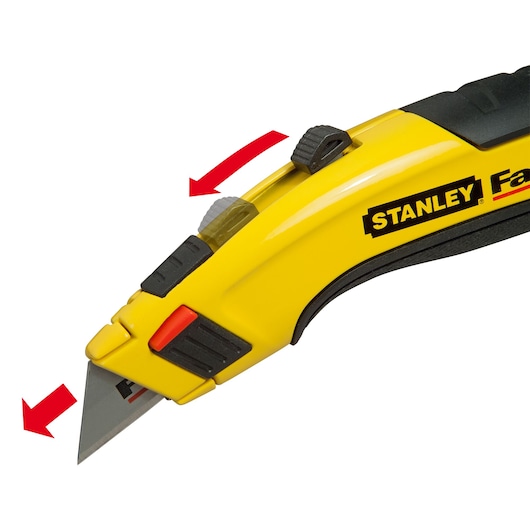 STANLEY 0-10-778 yellow utility knife photography, side angle, showing blade and safety switch.