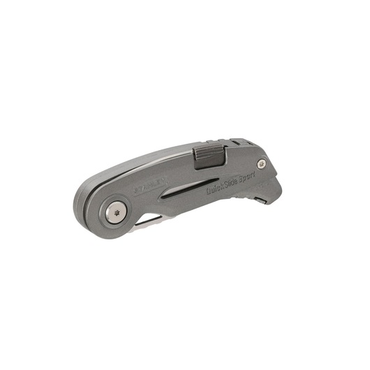STANLEY 0-10-813 folding utility knife, metallic finish, closed position, left angle on white background.