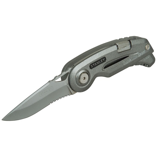 Photo of STANLEY 0-10-813 folding utility knife, gray handle, partially serrated blade, side angle.