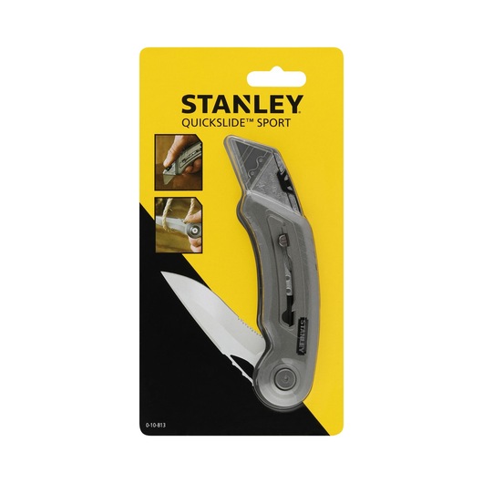 STANLEY 0-10-813 folding utility knife in packaging, angled view, silver handle, yellow and black card.