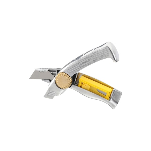 Photo of STANLEY 0-10-819 folding utility knife with yellow blade storage, angled on white background.