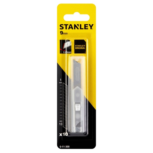 STANLEY 0-11-300 utility knife blade set, 9mm, pack of 10, in original yellow and black blister packaging, front view.