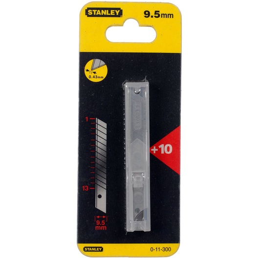 STANLEY 0-11-300 9.5mm snap-off utility blades, pack of 10, front packaging on white background.