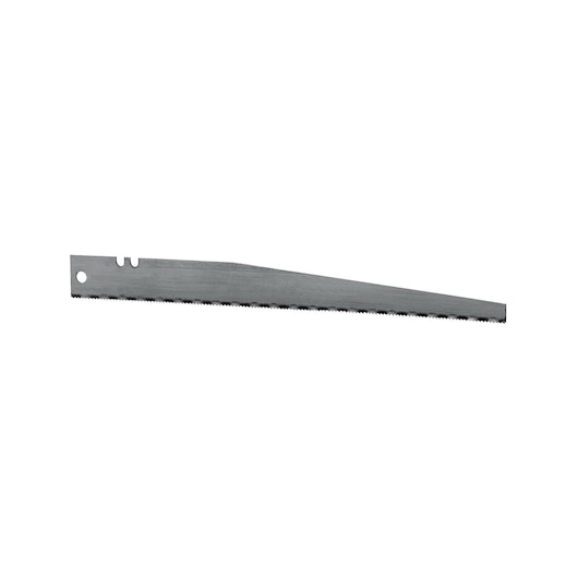 STANLEY 0-15-277 replacement saw blade, silver, thin profile with fine teeth, side view, photography.