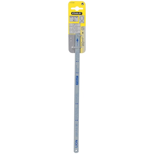 STANLEY 0-15-801 hacksaw blade pack front view, yellow card with five metal blades visible.