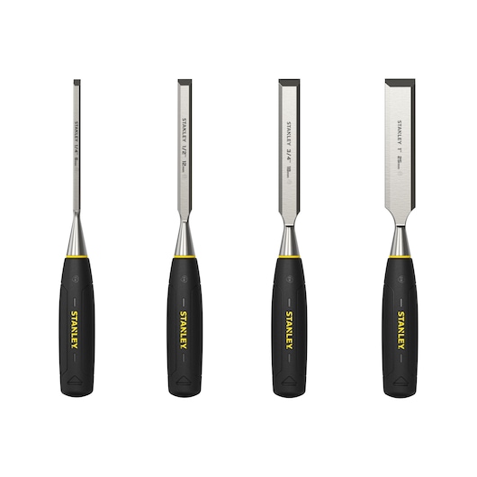 Photo of STANLEY 0-16-129 set of four chisels with blue handles, arranged on white background, angled view.