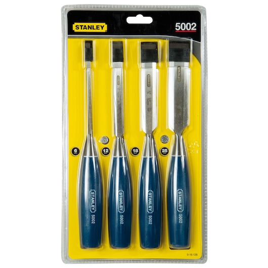 STANLEY 0-16-129 chisel set with four blue-handled chisels, front view in retail packaging.