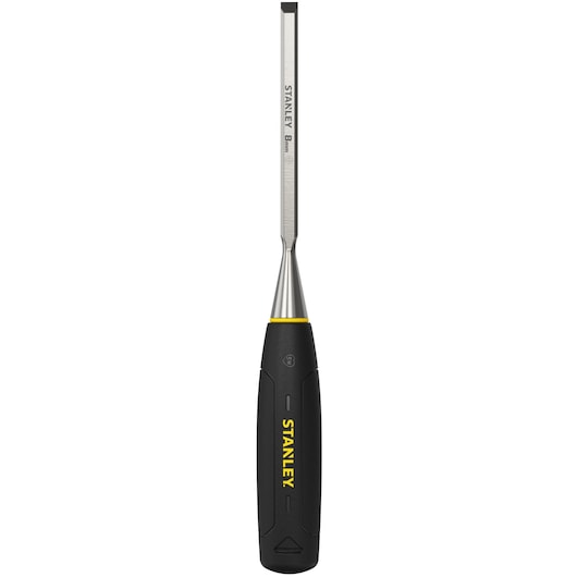 STANLEY 0-16-537 wood chisel with blue handle, bevel edge, side view on white background.