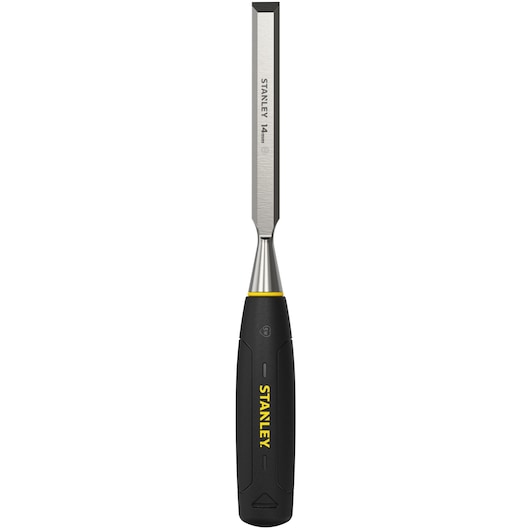 STANLEY 0-16-542 woodworking chisel with blue handle, angled side view on white background.