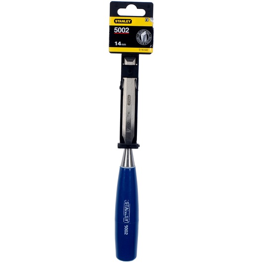 STANLEY 0-16-542 wood chisel with blue handle, 14mm blade, photographed front on white background.