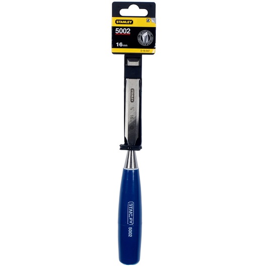 Photo of STANLEY 0-16-547 woodworking chisel with blue handle, 16mm blade, front view on white background.