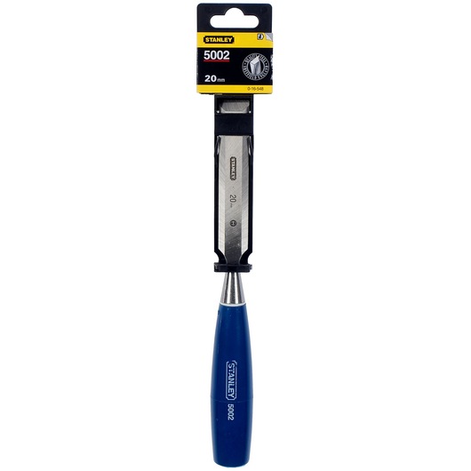 Photo of STANLEY 0-16-548 woodworking chisel with blue handle, 20mm blade, packaging front view.