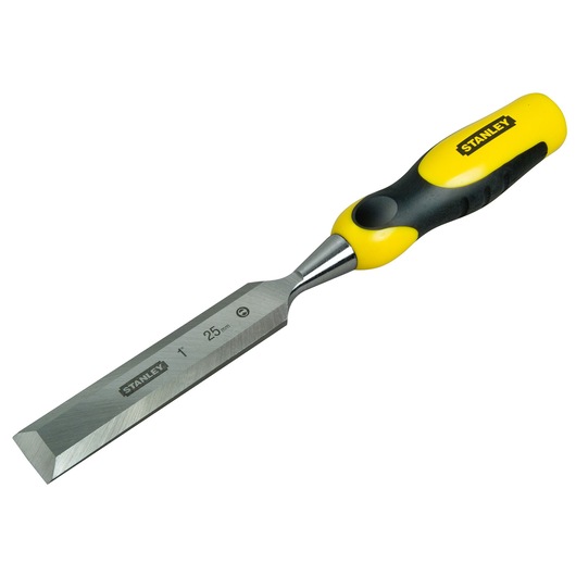 Stanley chisel with yellow and black handle and 25mm steel blade, used for woodworking and carving.