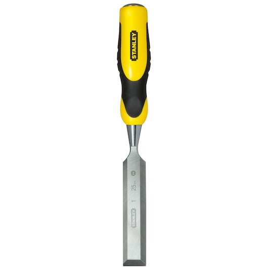 Stanley wood chisel with yellow and black handle and metal blade, designed for woodworking tasks.