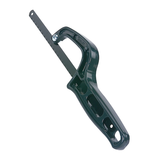 Photo of STANLEY 0-20-807 compact black keyhole saw with ergonomic plastic handle, angled on white background.