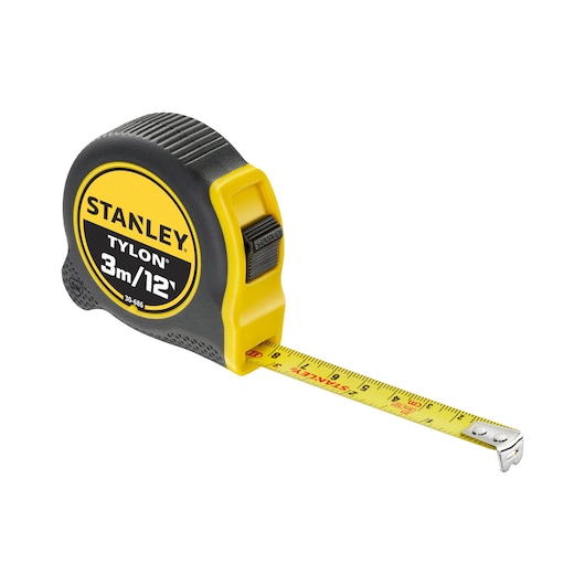 STANLEY 0-30-686 tape measure, black and yellow, 3m/12ft, side view with extended yellow blade.