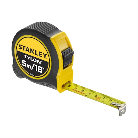 STANLEY 0-30-696 Tylon tape measure, black and yellow, 5m/16ft, front angle on white background.