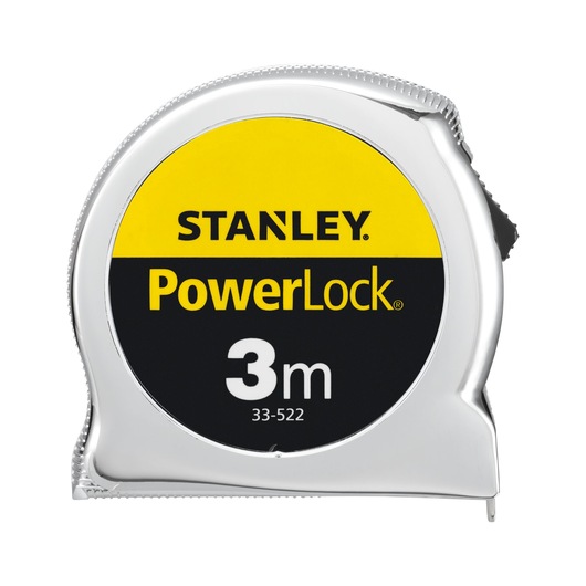 STANLEY 0-33-522 tape measure, PowerLock, 3m length, silver case, front angle, photography.