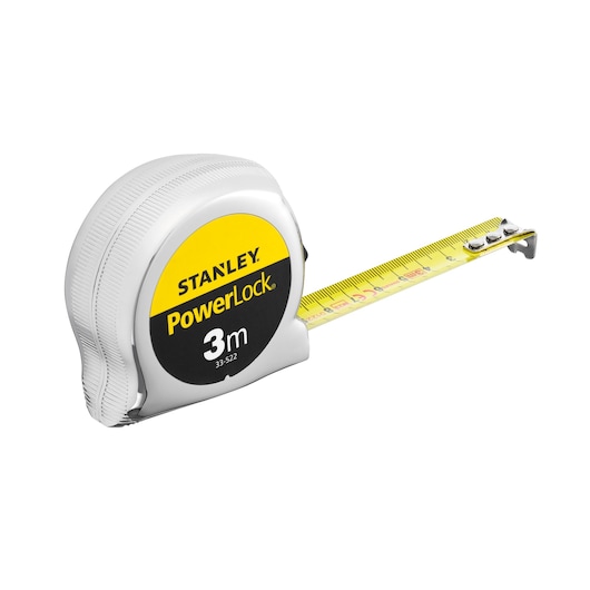 STANLEY 0-33-522 tape measure, PowerLock, 3m, yellow blade, side angle on white background.