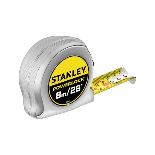 STANLEY 0-33-526 tape measure, PowerLock Blade Armor, 8m/26ft, chrome case, side view on white background.