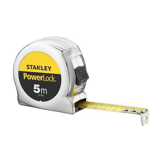 STANLEY 0-33-552 tape measure, PowerLock model, 5 meter, chrome case, side view on white background.
