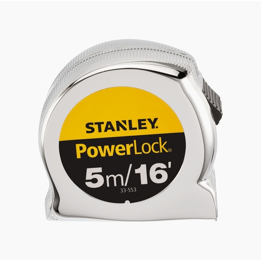 STANLEY 0-33-553 tape measure, PowerLock design, 5m/16ft, chrome finish, product photo front angle.