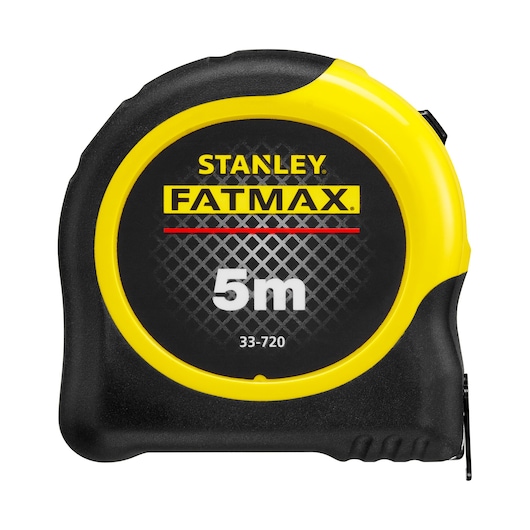 STANLEY 0-33-720 tape measure, FATMAX series, 5m length, black and yellow, front angle, photography.