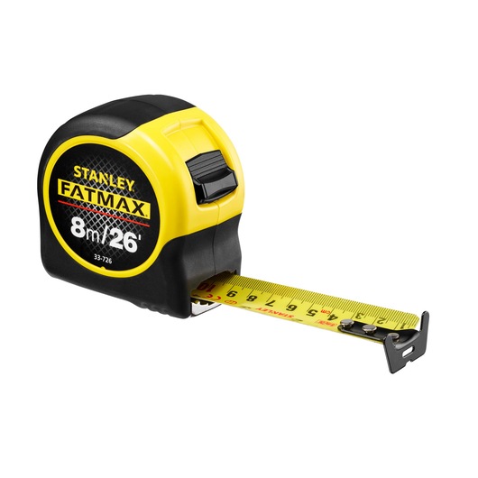 STANLEY 0-33-726 tape measure, FatMax series, yellow and black casing, photo of product at angled view with tape extended.