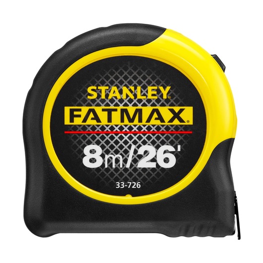 STANLEY 0-33-726 tape measure, FATMAX, 8m/26ft, black and yellow, front angle, category: photography.