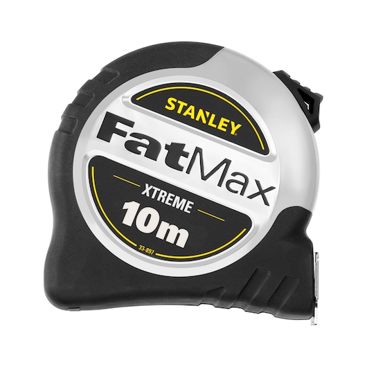 Stanley FatMax Xtreme 10m tape measure with black and silver casing, used for measuring length.