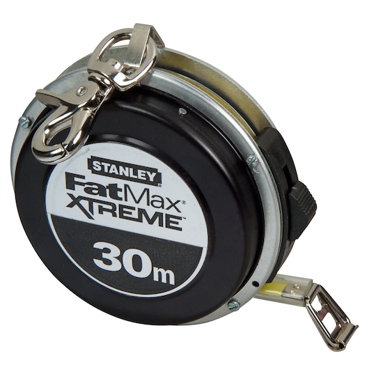 Stanley FatMax Xtreme 30m tape measure with metal clip and black casing.