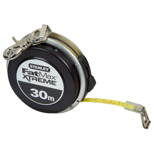 STANLEY 0-34-203 FatMax XTREME 30m tape measure, black casing, angled view on white background.