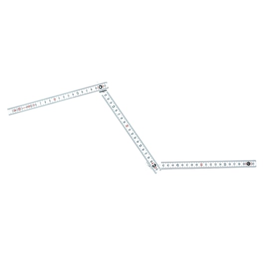 STANLEY 0-35-229 folding ruler, metal, white with black and red markings, angled, front view.