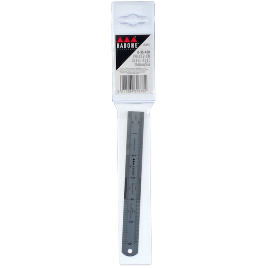 STANLEY 0-35-400 precision steel rule 150mm in retail packaging, front angle on white background.