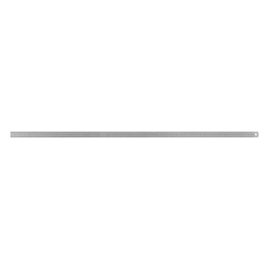 Long metal ruler with metric markings and a hanging hole at one end, suitable for precise measurement tasks.