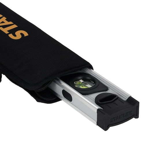 STANLEY level tool 0-42-063 partially in black carrying case, angled view on white background.