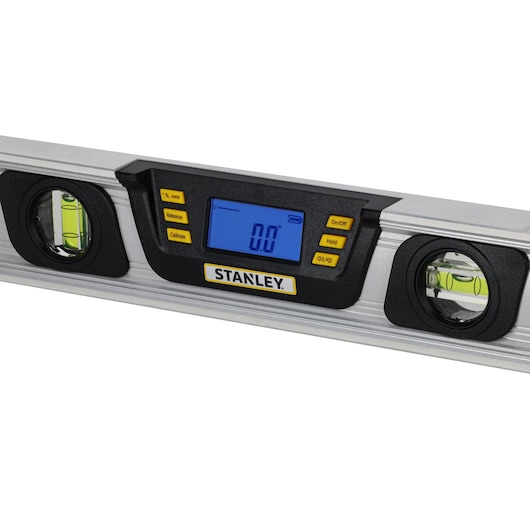 STANLEY 0-42-063 digital spirit level, front angle, silver body, blue LCD display, yellow buttons, two vials.