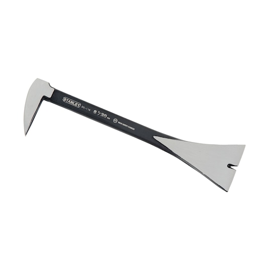 STANLEY 0-55-116 flat bar with polished ends, steel construction, hand tool side angle on white background.