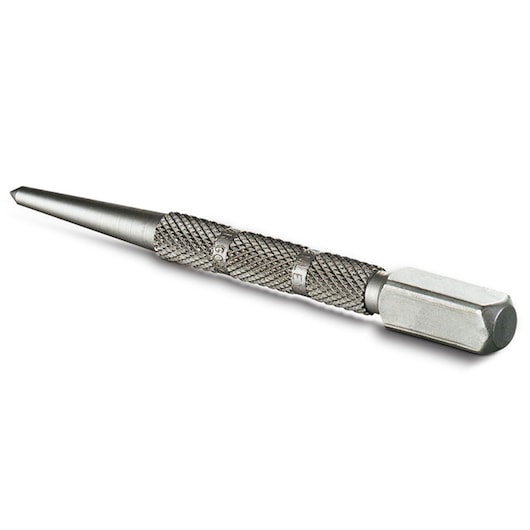STANLEY 0-58-120 steel centre punch with knurled grip, photography of tool on white background.