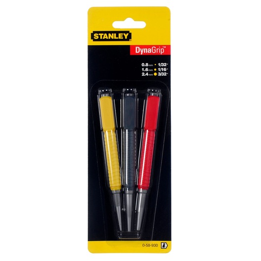 STANLEY 0-58-930 DynaGrip set of three colored punches, front view on white background.