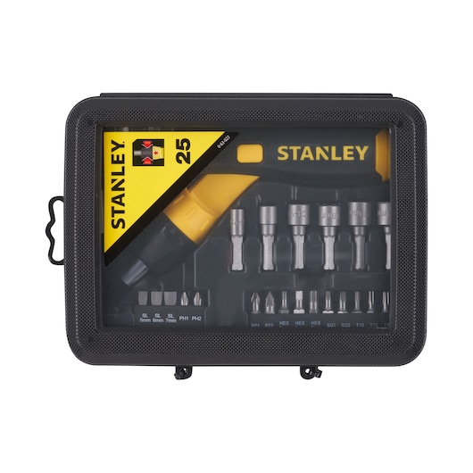 STANLEY 0-63-022 screwdriver and bit set in black plastic case, top view on white background.